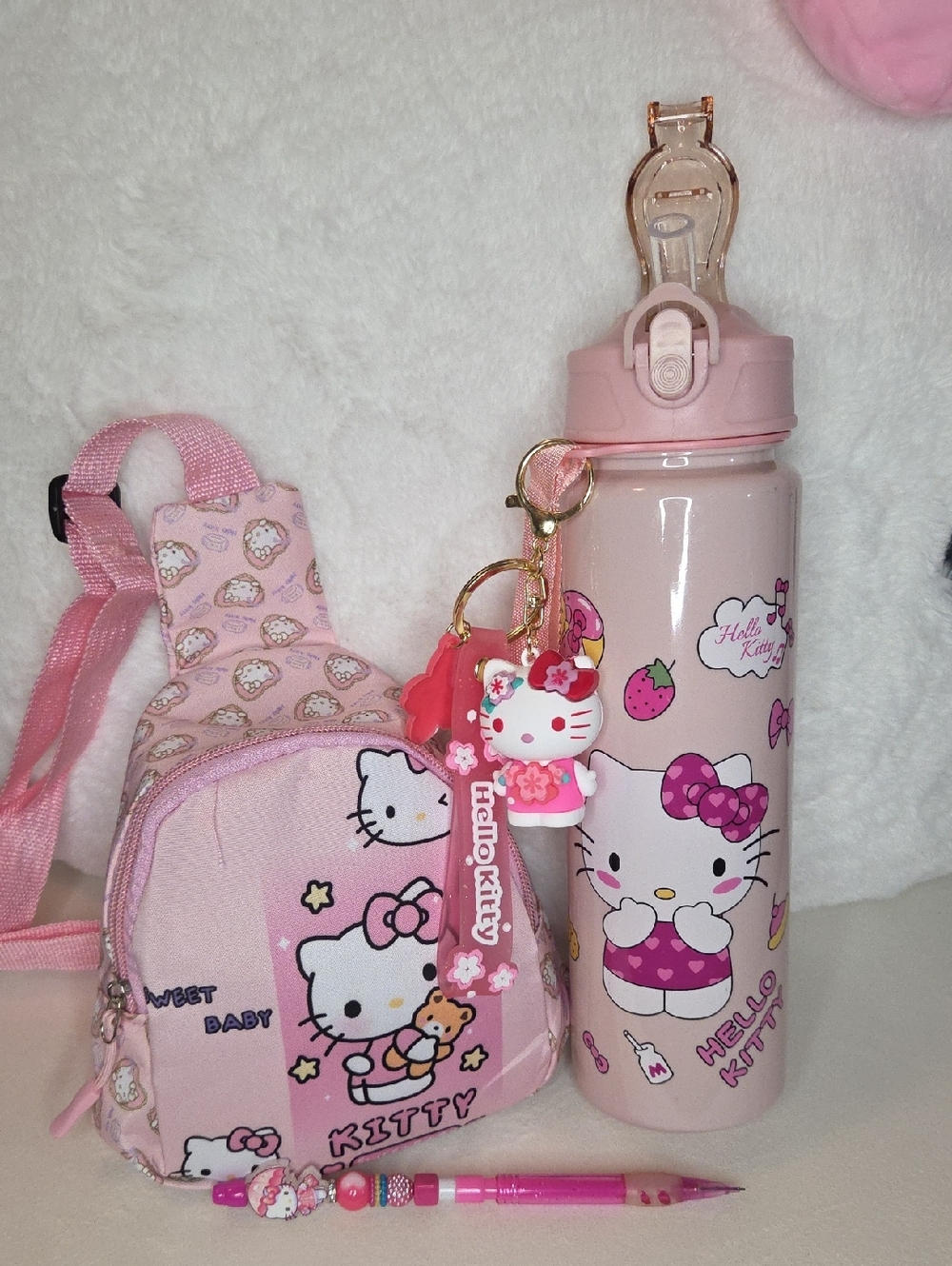 Hello Kitty Pink Kids Crossbody and Water Bottle Set with Charm and Pencil